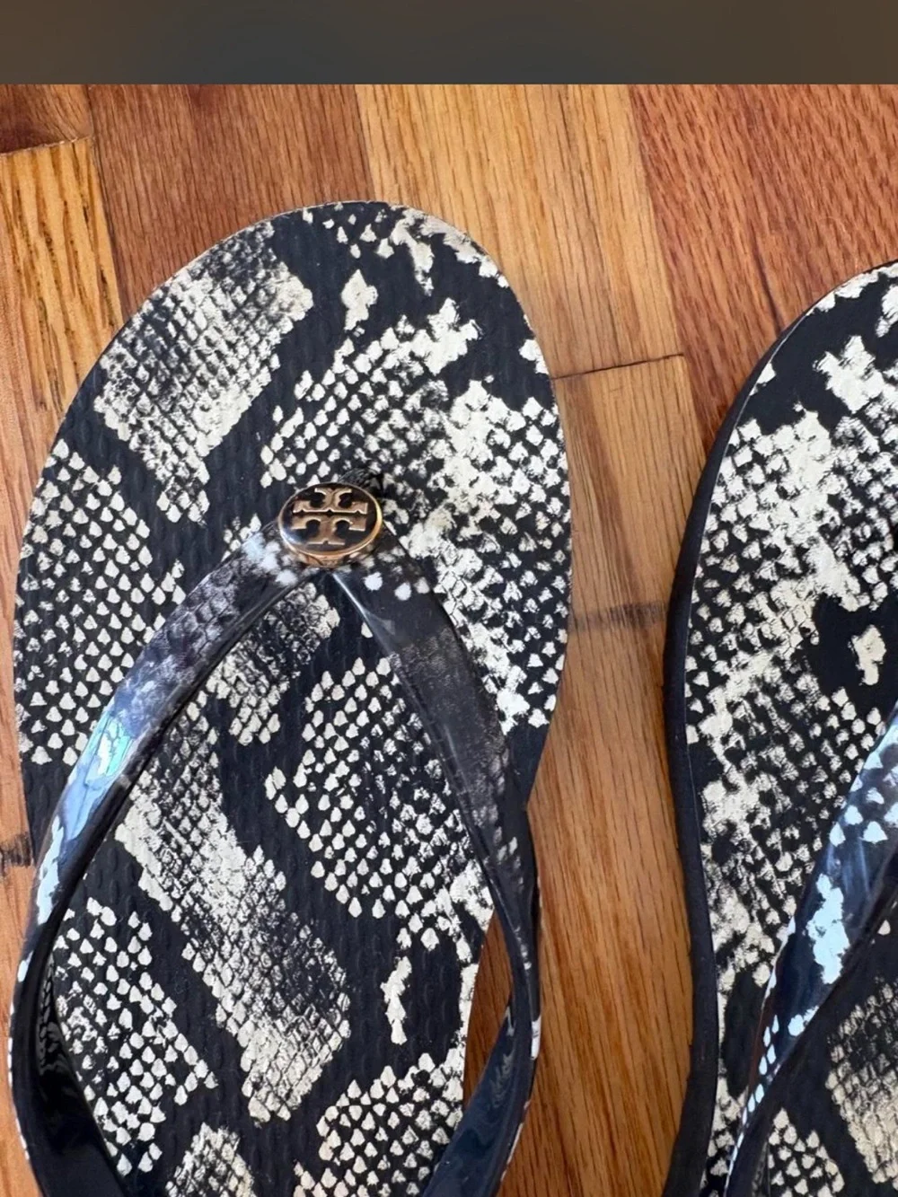 Tory Burch Black and Cream Snake-Print Flip Flops